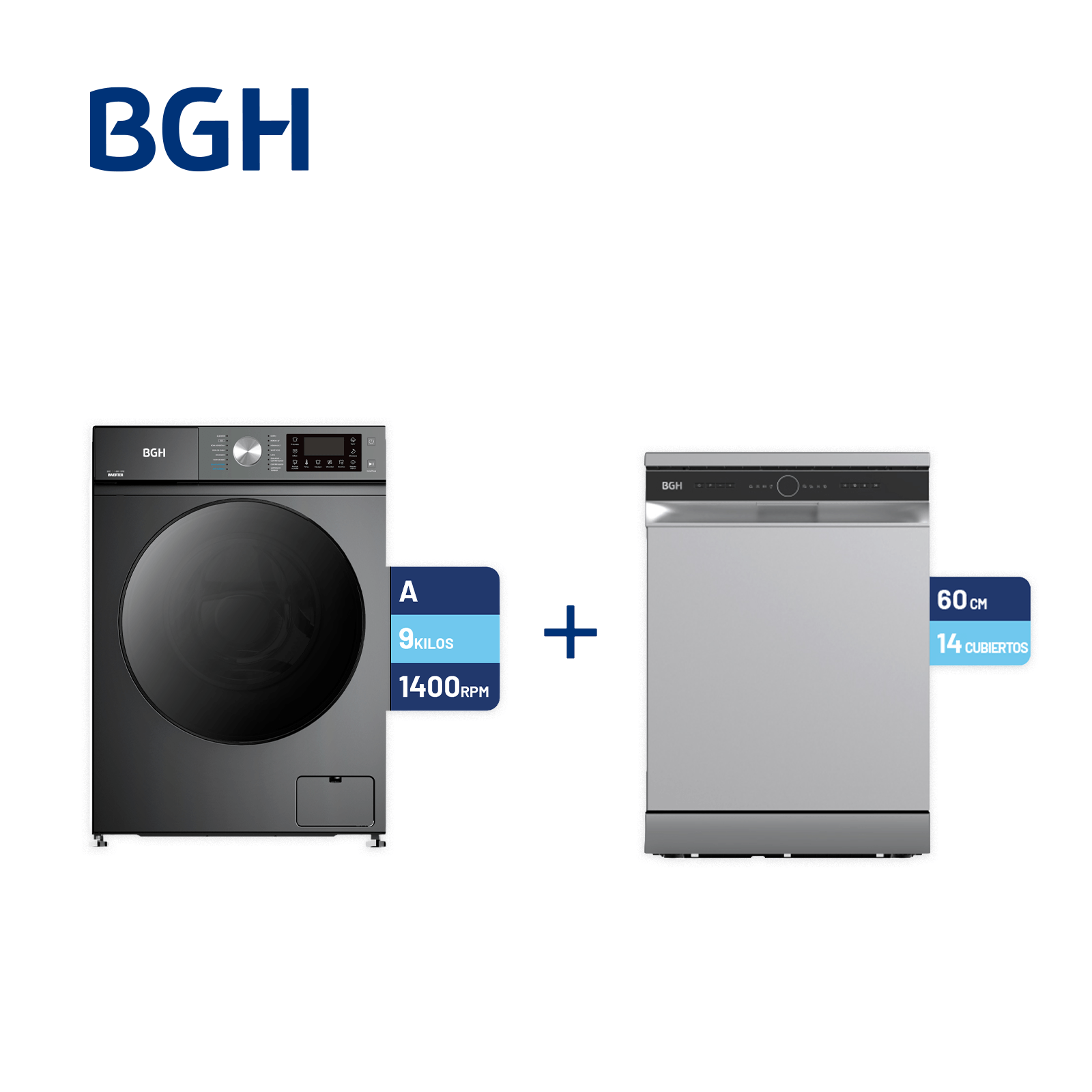 Combo Lavarropas BGH Inverter Carga Frontal Silver 9kg + Lavavajillas BGH Silver 14 Cubiertos